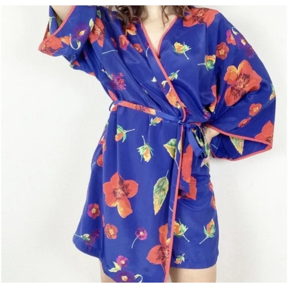 Natorious by Natori Floral Robe & Chemise Set Blue Orange 1X Loungewear 2pc EUC